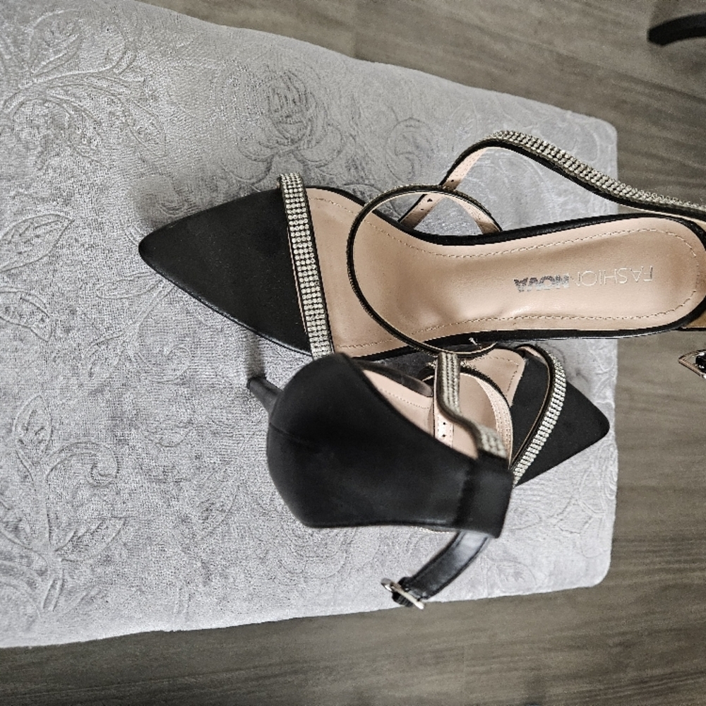 Fashion Nova Black Heels with Rhinestone Straps